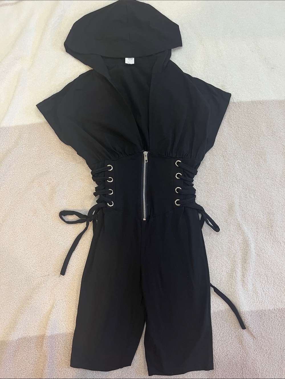 Black Hooded Lace-Up Romper Jumpsuit